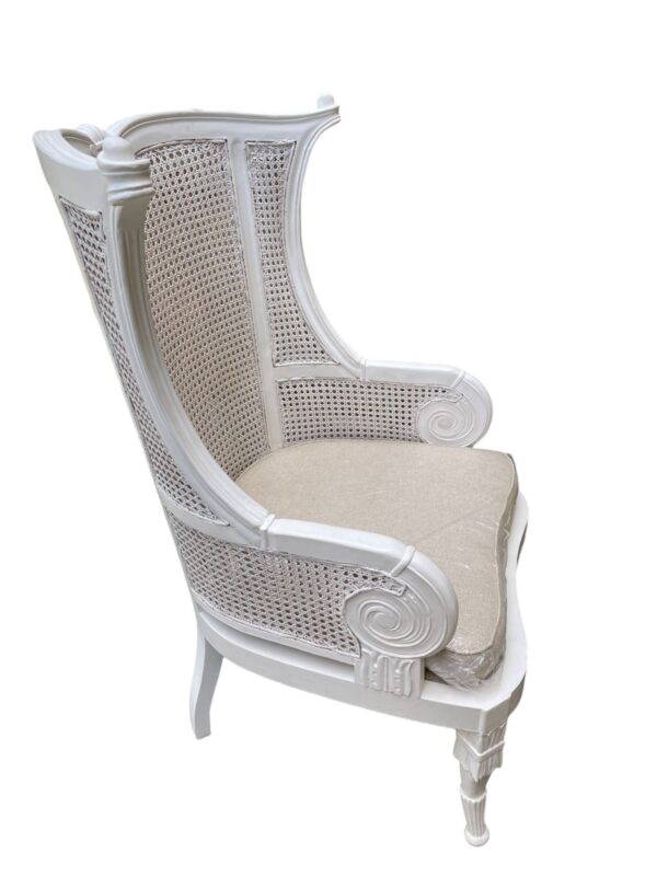 Pair Of Cushion French Provincial Rattan Cane Wicker Solid Wood Distressed White Wingback Armchair Shabby Chic Country French Louie XV Mahogany - Image 2