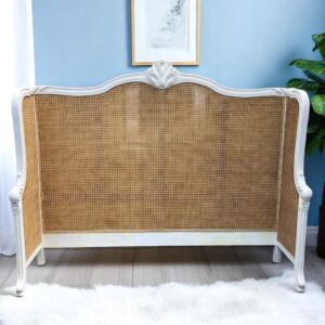 French Country King Headboard Double Hole Cane Carved Solid Mahogany Bedroom Designer Louis XV Continental Hand Crafted Rare Beach Coastal