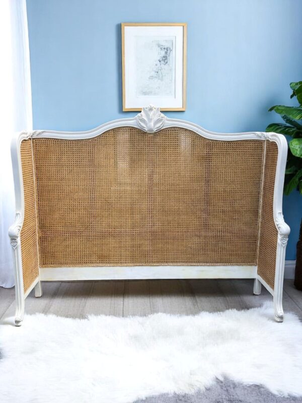French Country King Headboard Double Hole Cane Carved Solid Mahogany Bedroom Designer Louis XV Continental Hand Crafted Rare Beach Coastal