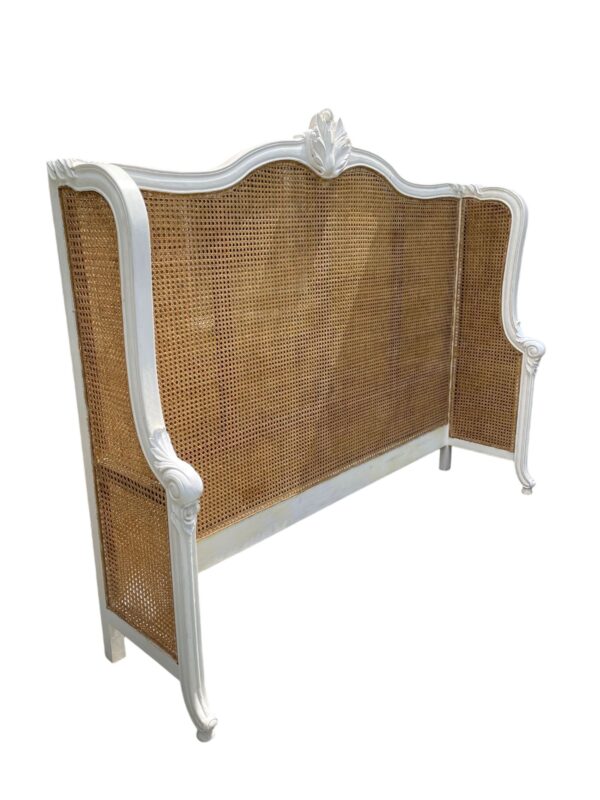 French Country King Headboard Double Hole Cane Carved Solid Mahogany Bedroom Designer Louis XV Continental Hand Crafted Rare Beach Coastal - Image 3