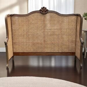 French Country Rustic Cane King Bedroom Headboard Hand Carved Mahogany Double Cole Cane Louis Continental Hand Crafted Formal Designer