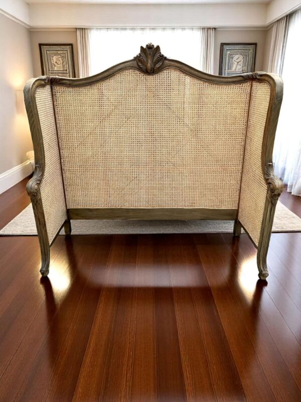 French Country Queen Headboard Double Hole Cane Carved Solid Mahogany Bedroom Designer Louis XV Continental Hand-Crafted Rare Beach Coastal