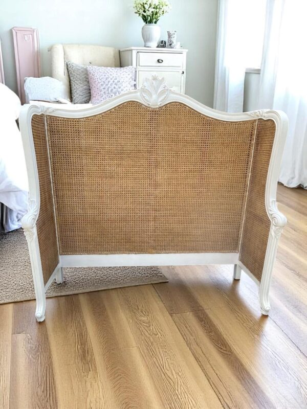 Shabby Chic French Country Queen Cane Headboard Romantic Bedroom Furniture Handcrafted Double Hole Cane Designer Mahogany