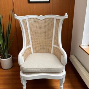 Pair French Country Rattan Cane Wicker Solid Wood Distressed White Wingback Armchair Shabby Chic Primitive Accent Lounge Chair Parlor Livingroom