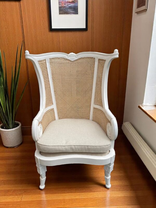 Pair French Country Rattan Cane Wicker Solid Wood Distressed White Wingback Armchair Shabby Chic Primitive Accent Lounge Chair Parlor Livingroom