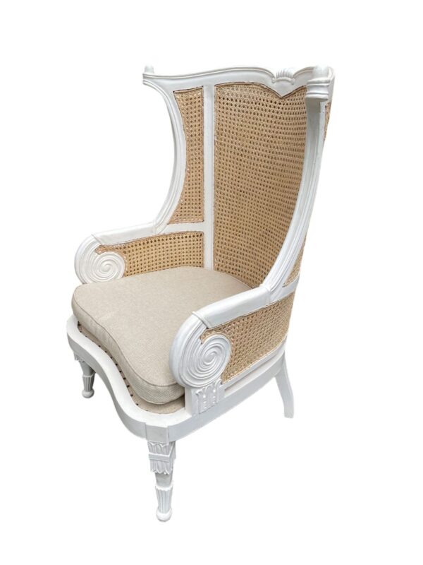 Pair French Country Rattan Cane Wicker Solid Wood Distressed White Wingback Armchair Shabby Chic Primitive Accent Lounge Chair Parlor Livingroom - Image 4