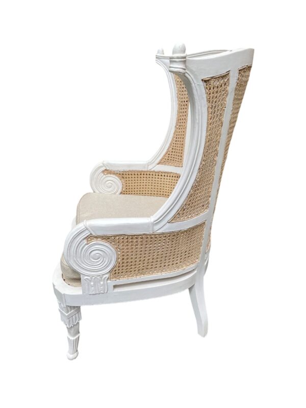 Pair French Country Rattan Cane Wicker Solid Wood Distressed White Wingback Armchair Shabby Chic Primitive Accent Lounge Chair Parlor Livingroom - Image 3