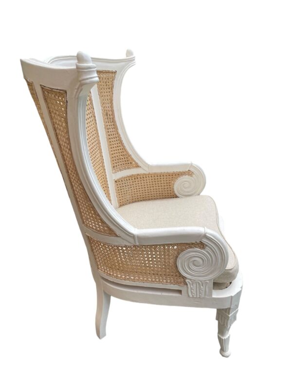 Pair French Country Rattan Cane Wicker Solid Wood Distressed White Wingback Armchair Shabby Chic Primitive Accent Lounge Chair Parlor Livingroom - Image 2