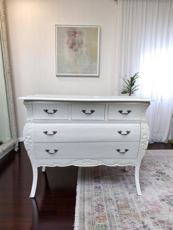 French Country 5 Drawer White Bombay Dresser Chest Floral Primitive Shabby Chic Bedroom Furniture Storage Hand Carved