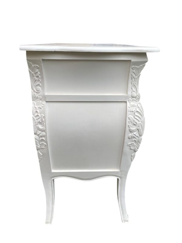 French Country 5 Drawer White Bombay Dresser Chest Floral Primitive Shabby Chic Bedroom Furniture Storage Hand Carved - Image 4