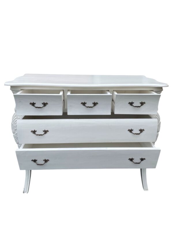 French Country 5 Drawer White Bombay Dresser Chest Floral Primitive Shabby Chic Bedroom Furniture Storage Hand Carved - Image 2