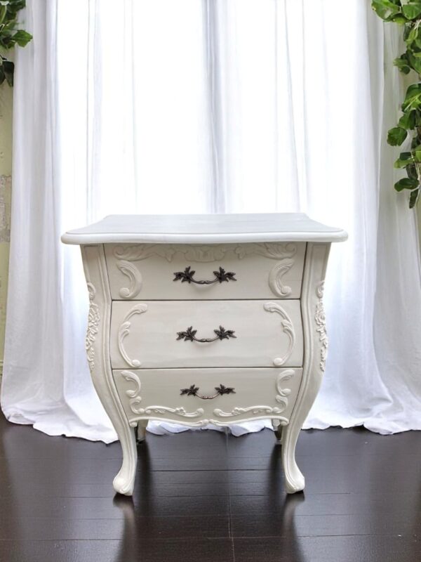Bombay French Country 3 Drawer Dresser Bedside Nightstands White Hand Carved Solid Wood Shabby Chic