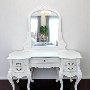 French Country Shabby Chic Make Up Dressing Vanity Table Storage Primitive Hand Carved Single Mirror Elegant Bedroom Bathroom