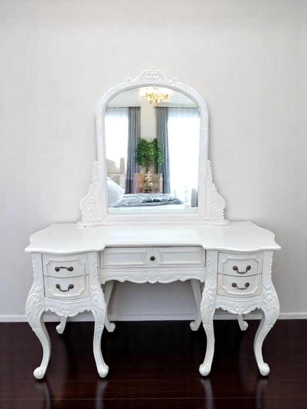 French Country Shabby Chic Make Up Dressing Vanity Table Storage Primitive Hand Carved Single Mirror Elegant Bedroom Bathroom