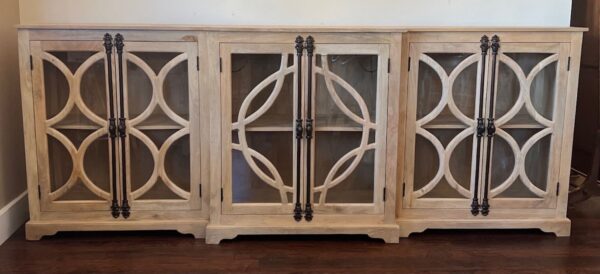 104" Cathedral 6 Glass Door Breakfast Buffet Server Credenza Entryway Long Narrow Storage Media Driftwood Finish