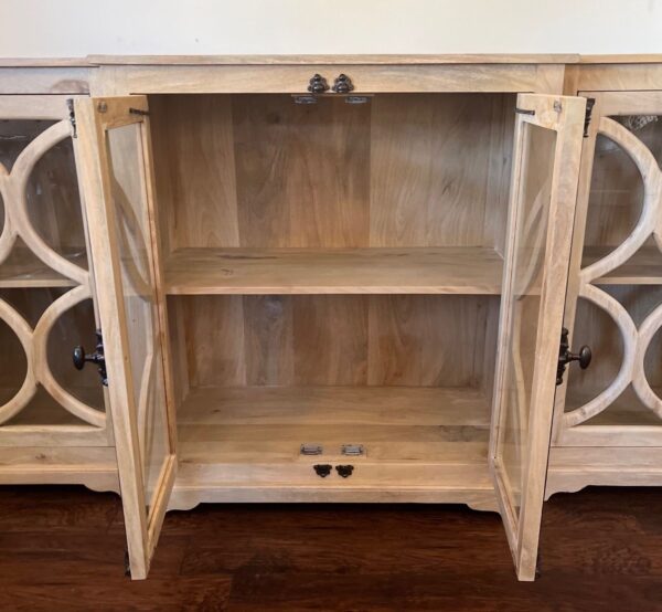 104" Cathedral 6 Glass Door Breakfast Buffet Server Credenza Entryway Long Narrow Storage Media Driftwood Finish - Image 3
