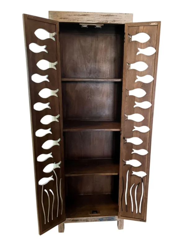 Modern 2 Door Narrow Coastal Nautical Open Shelves Tall Pantry Linen Kitchen Den Fish Cabinet Tropical Beach House Designer Shabby Chic - Image 2