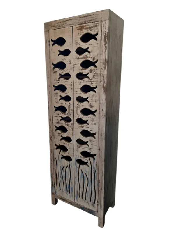 Modern 2 Door Narrow Coastal Nautical Open Shelves Tall Pantry Linen Kitchen Den Fish Cabinet Tropical Beach House Designer Shabby Chic - Image 3