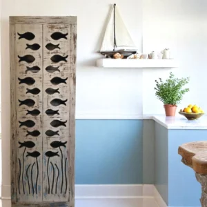 Modern 2 Door Narrow Coastal Nautical Open Shelves Tall Pantry Linen Kitchen Den Fish Cabinet Tropical Beach House Designer Shabby Chic