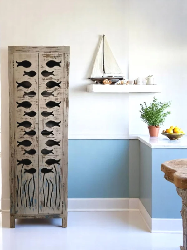 Modern 2 Door Narrow Coastal Nautical Open Shelves Tall Pantry Linen Kitchen Den Fish Cabinet Tropical Beach House Designer Shabby Chic