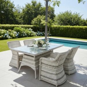 Patio Garden Cushioned 7 Piece Set Glass Top Grey White Modern Wicker Outdoor Furniture