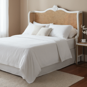 Shabby Chic French Country Queen Cane Headboard Romantic Bedroom Furniture Handcrafted Double Hole Cane Designer Mahogany