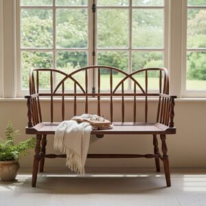Rustic Amish Windsor Solid Wood Bench High Back Queen Anne Colonial Country Farmhouse Hand Carved Entryway