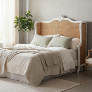 French Country King Headboard Double Hole Cane Carved Solid Mahogany Bedroom Designer Louis XV Continental Hand Crafted Rare Beach Coastal