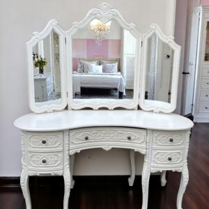 French Country Shabby Chic Makeup Kidney Bean Shaped Desk Dressing Table Solid Wood Distressed King Louis Tripple Mirror Vanity