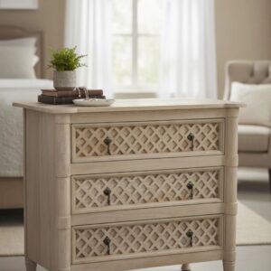 Diamond Collection Bachelors Chest Farmhouse Rustic 3 Drawer Dresser Natural Finish Hand Carved Bedroom Coastal Bedside Nightstands French