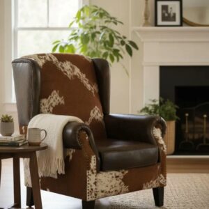 Southwestern Wingback Leather Lounge Chair Brown and white Natural hide With Dark Leather Seating Office Den Living Room Accent Western