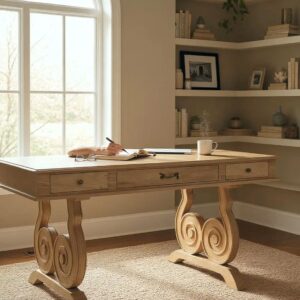 Hand Carved Solid Wood Writing Desk Renaissance Acasia Vanity with 3 Drawers Home Office Dorm