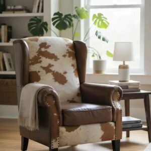 Southwestern Wingback Chair Genuine Cowhide Brown Leather Den Living Room Office Home Accent Chair Western Rustic Southwestern Cowboy