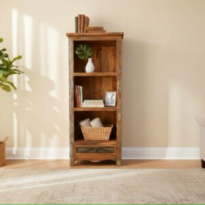 Reclaimed Open Shelf Bookcase with 1 Drawer Distressed Blue Rustic Handcrafted