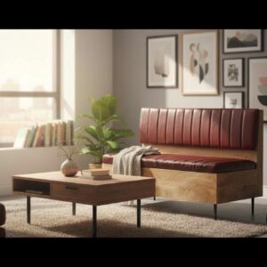 Red Leather Lounge Seat Sofa Industrial Iron Base Wooden Dining Booth Bench