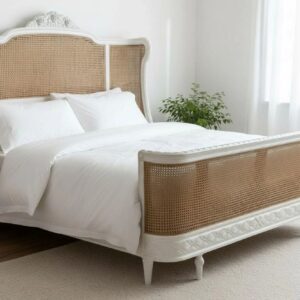 French Country Double Cane King Complete Bed Set Shabby Chic Primitive Hand Carved Rattan