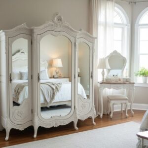 French Midcentury Vintage Hand Carved Triple Armoire Wardrobe Closet Shabby Chic French Country White