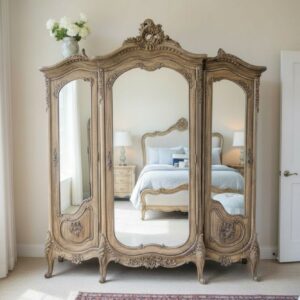 French Midcentury Vintage Hand Carved Triple Armoire Wardrobe Closet Rustic