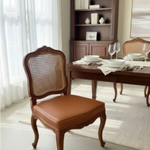 Cane Brown Leather Hand Carved Dining Chairs Set of 4 Included