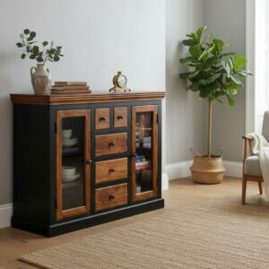 Modern Two-Toned Rustic Buffet Sideboard TV Stand Glass Door Cabinet