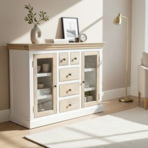 Farmhouse Sideboard with White Frame Natural Wood Glass Doors