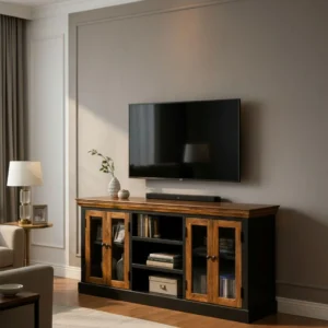 Rustic Modern Farmhouse Media Cabinet Two-Toned Glass Doors Storage Cabinet