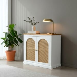Shabby Chic 2 Door Arched Rattan Cane Panel Doors Coastal Sideboard Accent Storage Cabinet