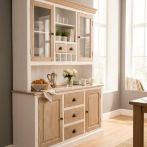 Breakfront Two Toned Farmhouse Coastal Hutch Storage Cabinet