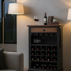 Two-Tone Wine Bar Cabinet with Drawer, Wine Glass Rack, Open Shelf Storage