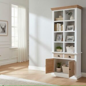 French Country 2-Toned Open Cubby Bookcase 2 Door 2 Drawer