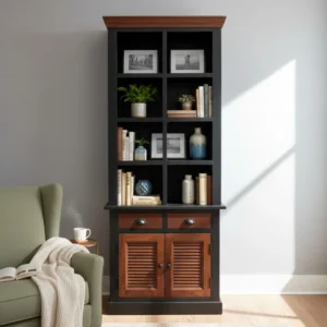 Modern Two-Toned Bookcase Tall Shutter Door Cabinet Open Shelf