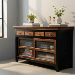 Modern Black Rustic Sliding Glass Door Buffet Media Cabinet Kitchen Cabinet Contemporary