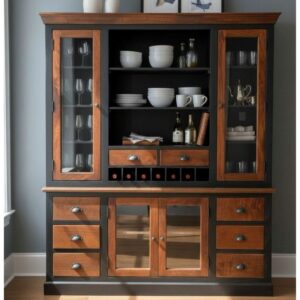 Modern Two-Toned Hutch Wine Storage Coffee Bar Kitchen Cabinet Farmhouse Display Cabinet