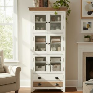 Shabby Chic White Glass Display Cabinet with Wood Accents Solid Wood Furniture